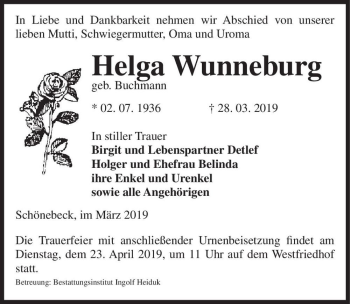 Traueranzeige von Helga Wunneburg (geb. Buchmann)  von Magdeburger Volksstimme