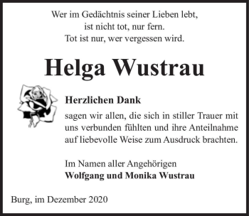 Traueranzeige von Helga Wustrau  von Magdeburger Volksstimme