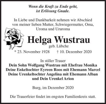 Traueranzeige von Helga Wustrau (geb. Lübche)  von Magdeburger Volksstimme