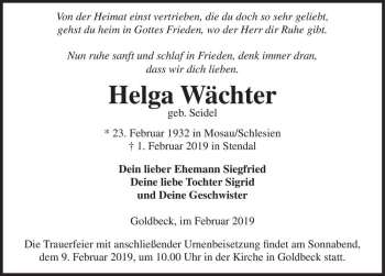 Traueranzeige von Helga Wächter (geb. Seidel)  von Magdeburger Volksstimme