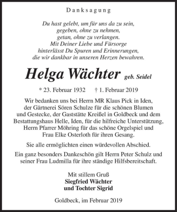 Traueranzeige von Helga Wächter (geb. Seidel)  von Magdeburger Volksstimme