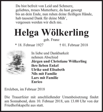 Traueranzeige von Helga Wölkerling (geb. Franz)  von Magdeburger Volksstimme