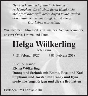 Traueranzeige von Helga Wölkerling (geb. Franz)  von Magdeburger Volksstimme