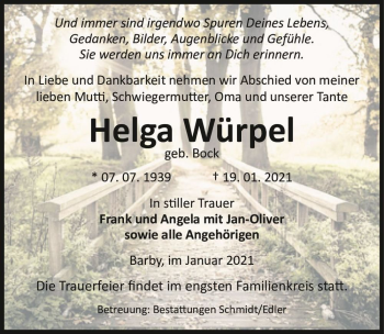 Traueranzeige von Helga Würpel (geb. Bock)  von Magdeburger Volksstimme