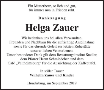 Traueranzeige von Helga Zauer  von Magdeburger Volksstimme