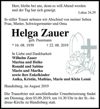 Traueranzeige von Helga Zauer (geb. Pasemann)  von Magdeburger Volksstimme