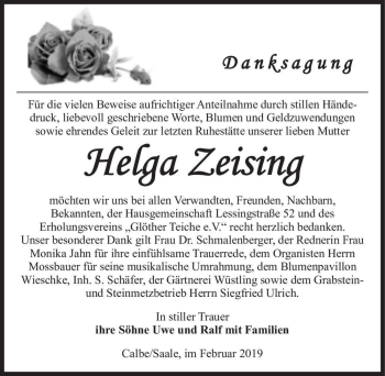 Traueranzeige von Helga Zeising  von Magdeburger Volksstimme