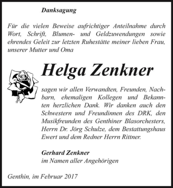 Traueranzeige von Helga Zenkner  von Magdeburger Volksstimme