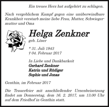 Traueranzeige von Helga Zenkner (geb. Löser)  von Magdeburger Volksstimme