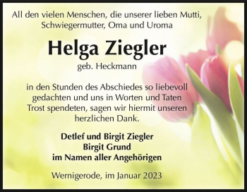Traueranzeige von Helga Ziegler (geb. Heckmann)  von Magdeburger Volksstimme