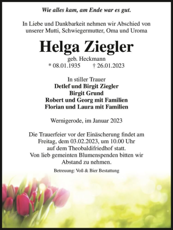 Traueranzeige von Helga Ziegler (geb. Heckmann)  von Magdeburger Volksstimme