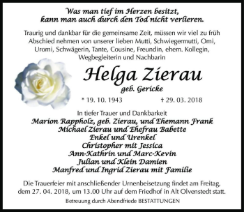 Traueranzeige von Helga Zierau (geb. Gericke)  von Magdeburger Volksstimme