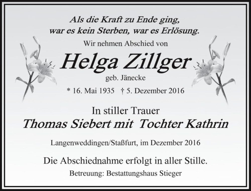  Traueranzeige für Helga Zillger (geb. Jänecke)  vom 24.12.2016 aus Magdeburger Volksstimme