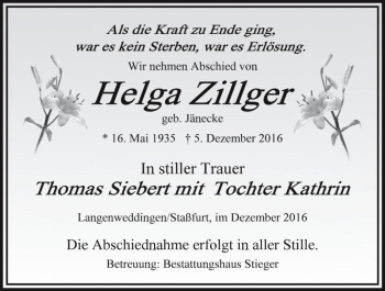 Traueranzeige von Helga Zillger (geb. Jänecke)  von Magdeburger Volksstimme