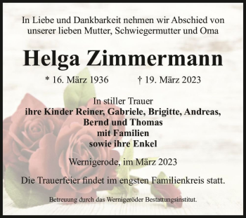Traueranzeige von Helga Zimmermann  von Magdeburger Volksstimme