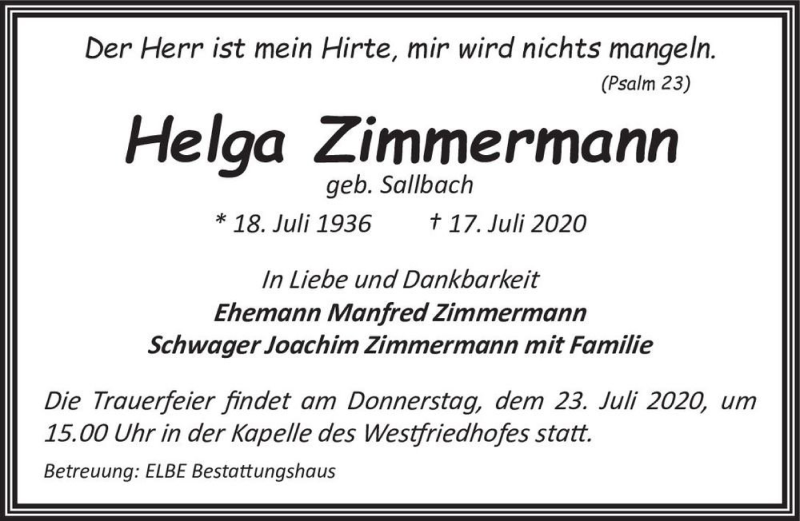  Traueranzeige für Helga Zimmermann (geb. Sallbach)  vom 21.07.2020 aus Magdeburger Volksstimme