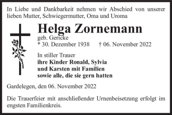 Traueranzeige von Helga Zornemann (geb. Gericke)  von Magdeburger Volksstimme