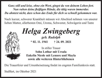 Traueranzeige von Helga Zwingeberg (geb. Rudolph)  von Magdeburger Volksstimme