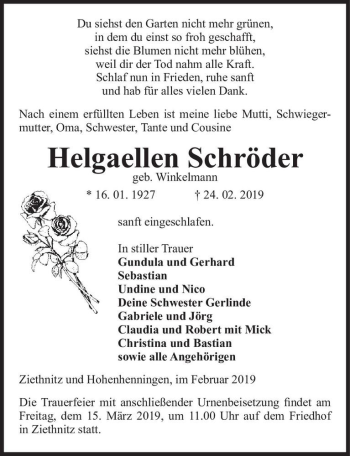 Traueranzeige von Helgaellen Schröder (geb. Winkelmann)  von Magdeburger Volksstimme
