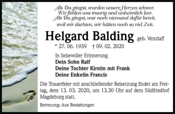 Traueranzeige von Helgard Balding (geb. Venzlaff)  von Magdeburger Volksstimme