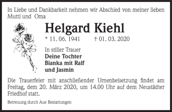 Traueranzeige von Helgard Kiehl  von Magdeburger Volksstimme
