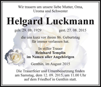 Traueranzeige von Helgard Luckmann  von Magdeburger Volksstimme