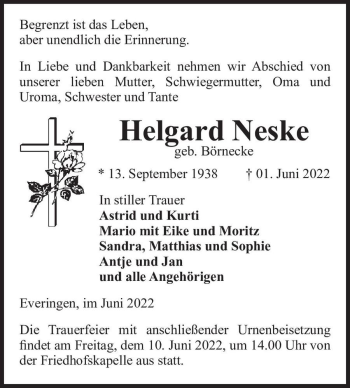 Traueranzeige von Helgard Neske (geb. Börnecke)  von Magdeburger Volksstimme