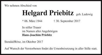 Traueranzeige von Helgard Priebitz (geb. Ludewig)  von Magdeburger Volksstimme
