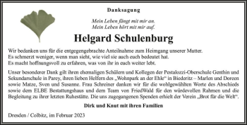 Traueranzeige von Helgard Schulenburg  von Magdeburger Volksstimme