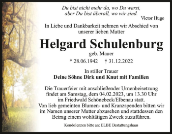 Traueranzeige von Helgard Schulenburg (geb. Mauer)  von Magdeburger Volksstimme