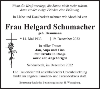 Traueranzeige von Helgard Schumacher (geb. Braumann)  von Magdeburger Volksstimme