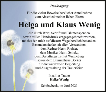 Traueranzeige von Helga und Klaus Wenig  von Magdeburger Volksstimme