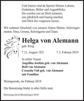 Traueranzeige von Helga von Alemann (geb. Krag)  von Magdeburger Volksstimme