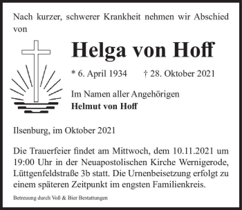 Traueranzeige von Helga von Hoff  von Magdeburger Volksstimme