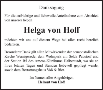 Traueranzeige von Helga von Hoff  von Magdeburger Volksstimme