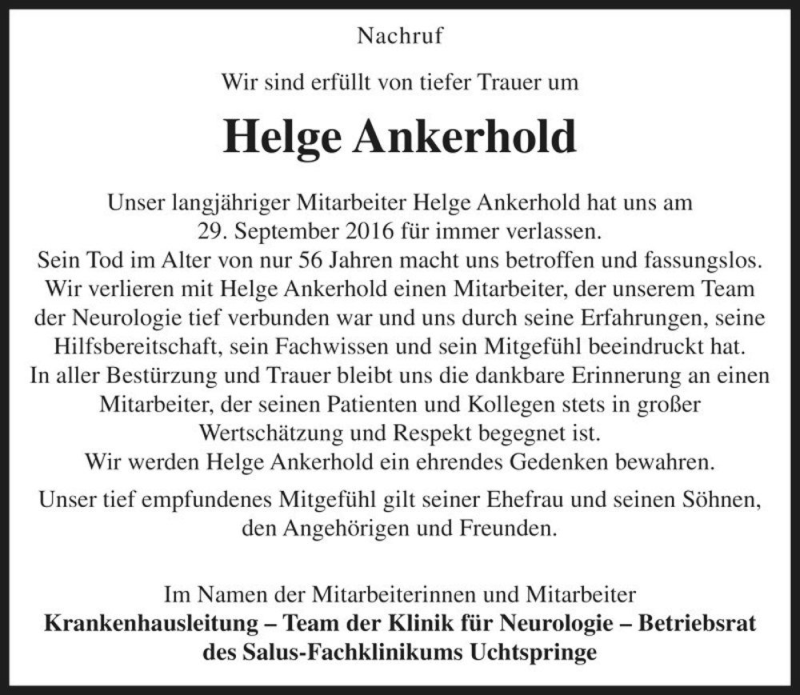  Traueranzeige für Helge Ankerhold  vom 15.10.2016 aus Magdeburger Volksstimme