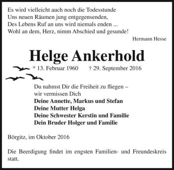 Traueranzeige von Helge Ankerhold  von Magdeburger Volksstimme