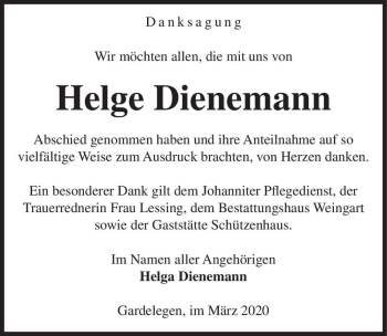 Traueranzeige von Helge Dienemann  von Magdeburger Volksstimme