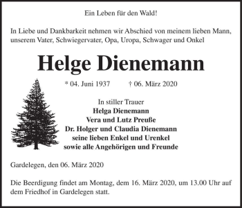 Traueranzeige von Helge Dienemann  von Magdeburger Volksstimme