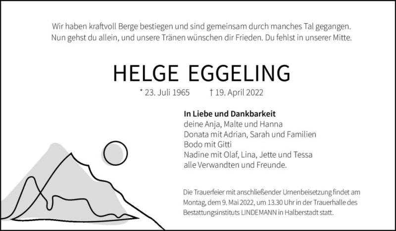  Traueranzeige für Helge Eggeling  vom 30.04.2022 aus Magdeburger Volksstimme