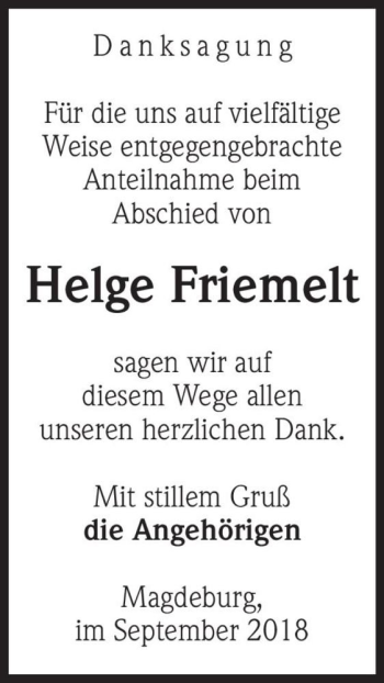 Traueranzeige von Helge Friemelt  von Magdeburger Volksstimme