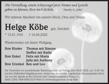 Traueranzeige von Helge Köbe (geb. Streckert)  von Magdeburger Volksstimme