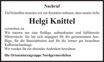 Traueranzeige von Helgi Knittel  von Magdeburger Volksstimme
