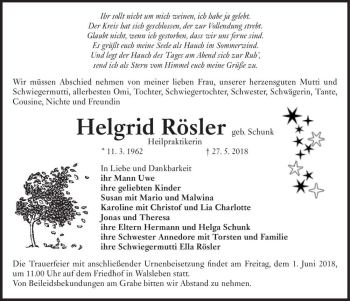 Traueranzeige von Helgrid Rösler (geb. Schunk)  von Magdeburger Volksstimme