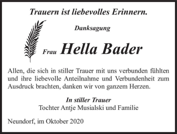 Traueranzeige von Hella Bader  von Magdeburger Volksstimme