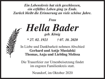 Traueranzeige von Hella Bader (geb. König)  von Magdeburger Volksstimme