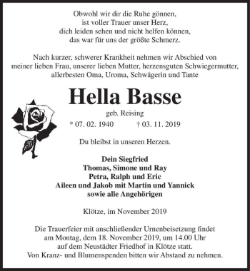 Traueranzeige von Hella Basse (geb. Reising)  von Magdeburger Volksstimme