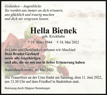 Traueranzeige von Hella Bienek (geb. Krickhuhn)  von Magdeburger Volksstimme