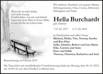 Traueranzeige von Hella Burchardt (geb. Danner)  von Magdeburger Volksstimme
