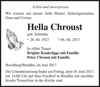 Traueranzeige von Hella Chroust (geb. Schröder)  von Magdeburger Volksstimme